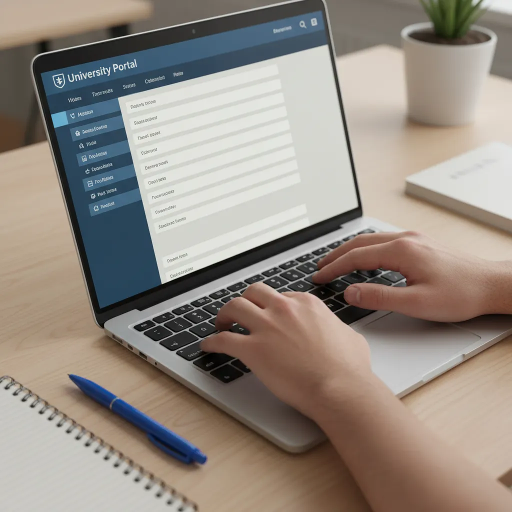 Étudiant naviguant sur le portail universitaire avec interface de menu et formulaires visibles sur l'écran