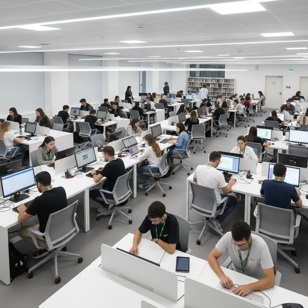 Vue d'ensemble de la bibliothèque universitaire moderne avec plusieurs étudiants travaillant à des stations informatiques et tables d'étude, avec laptops et documents pédagogiques visibles